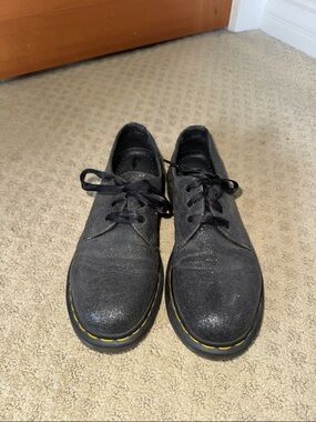 Doc Martens Black Glitter Oxford Shoes with a Yellow Stitching